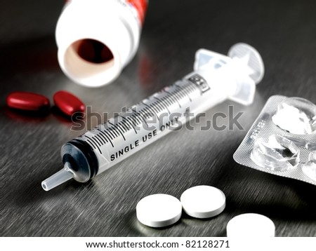 Assorted medication equipment on a bench top