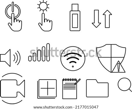 Simple set related to PC, contain such Icons as on off power, speaker, wi-fi. editable