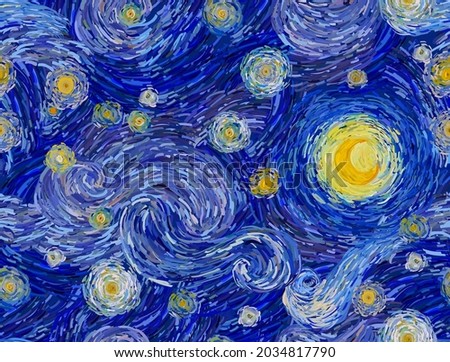 Glowing moon on a blue sky abstract background. Seamless vector pattern in the style of impressionist paintings.