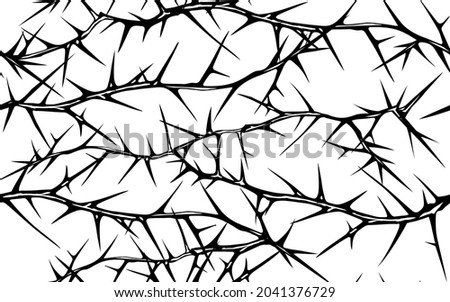 Hand drawn vector seamless black and white pattern of tangled horizontal briar patch with stems and thorns.