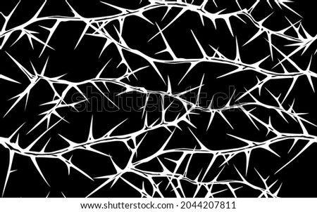 Hand drawn vector seamless black and white pattern of tangled horizontal briar patch with stems and thorns.