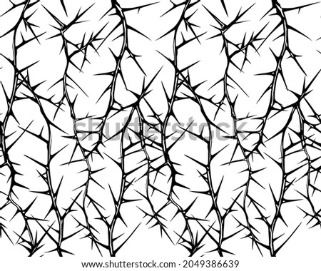 Hand drawn vector seamless black and white pattern of tangled vertical briar patch with stems and thorns.