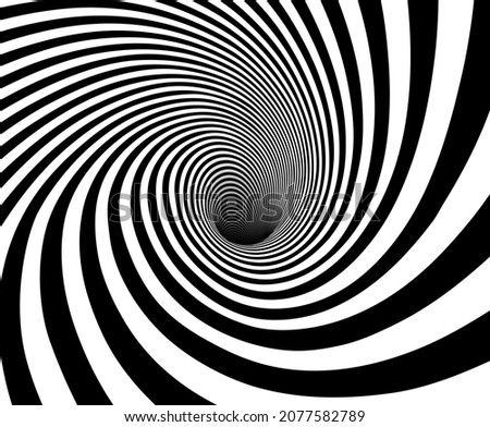 Vector optical art illusion of striped geometric black and white abstract line surface flowing like a hypnotic worm-hole tunnel. Optical illusion style design. Imagine de stoc © 