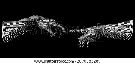 Vector black and white oscilloscope illustration of hands reaching isolated on background.