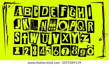 Punk typography vector alphabet and numbers. Type specimen set for grunge font flyers and posters or ransom note style designs. Stockfoto © 