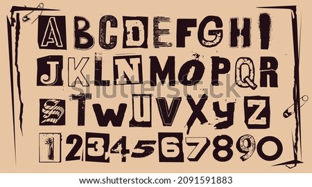 Punk typography vector alphabet and numbers. Type specimen set for grunge font flyers and posters or ransom note style designs. Сток-фото © 