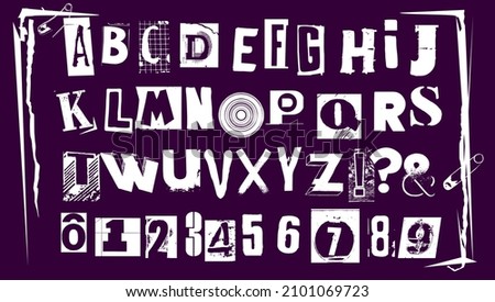 Punk typography vector alphabet and numbers. Type specimen set for grunge font flyers and posters or ransom note style designs. Сток-фото © 