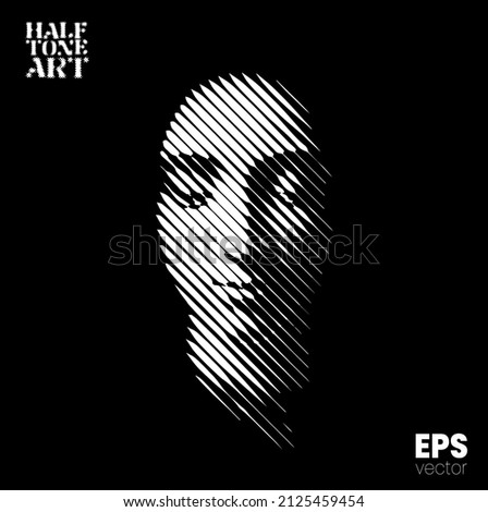 Halftone Art. Vector black and white illustration from 3d rendering of female face in tilted line halftone style isolated on black background.