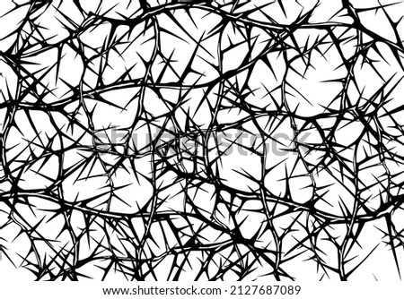 Hand drawn vector seamless black and white pattern of messy impenetrable tangled briar patch with thorns.