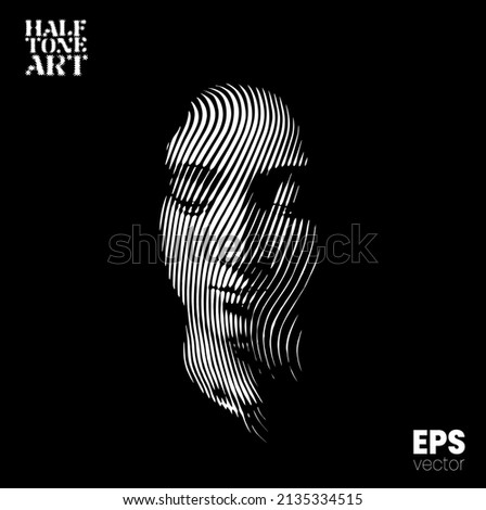Halftone Art. Vector black and white illustration from 3d rendering of female face in wavy line halftone style isolated on black background.