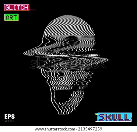 Glitch Art Skull. Vector illustration of digital glitch art screaming skull in oscilloscope white line on black background from 3D rendering in the style of old CRT TVs and VHS.