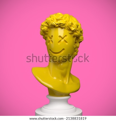 Abstract concept illustration of faceless yellow classical bust on pedestal with carved emoticon style face from 3d rendering on pink background. Сток-фото © 