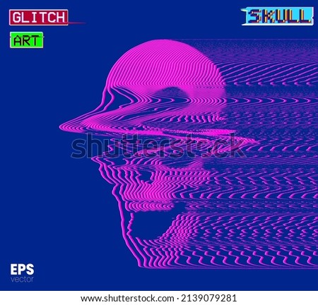 Glitch Art Skull. Vector illustration of digital glitch art screaming skull in oscilloscope in pink line on blue background from 3D rendering in the style of old CRT TVs and VHS.