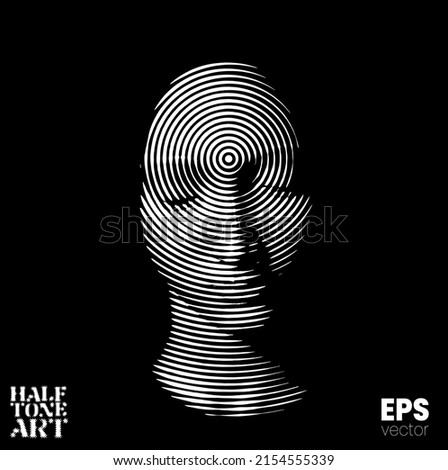 Halftone Art. Vector black and white illustration from 3d rendering of female face in circle halftone style isolated on black background.