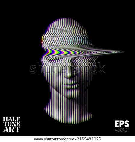 Halftone Art.  Vector eye level glitched and corrupted RGB color offset mode illustration from 3d rendering of female face in vertical line halftone style isolated on black background.