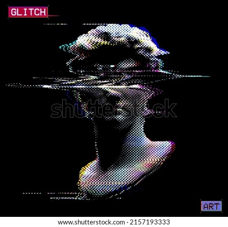 Abstract dot halftone color illustration of glitched classical head sculpture from 3D rendering and isolated on black background.