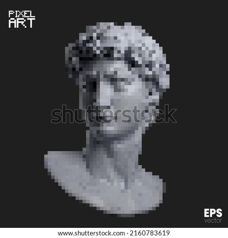 Vector concept illustration of pixelated greyscale marble classical head bust sculpture from 3D rendering isolated on background.