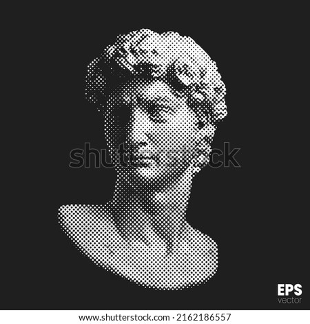 Vector white dot halftone mode illustration of male classical style head sculpture from 3d rendering isolated on black background. 