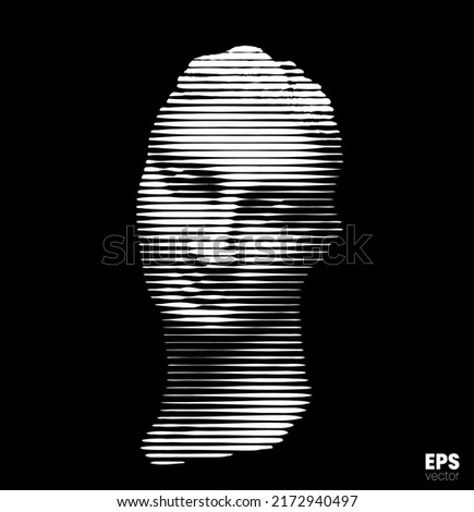 Vector black and white illustration from 3D rendering of female classical head sculpture in horizontal line halftone style isolated on black background.