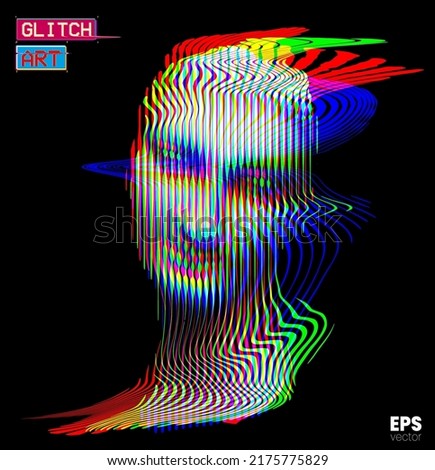 Glitch Art. Vector glitch corrupted RGB color mode offset illustration from 3D rendering of female classical head sculpture in vertical line halftone style isolated on black background.
