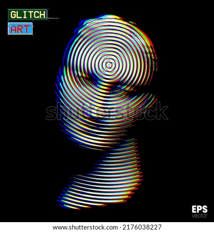 Glitch Art. Vector glitch corrupted RGB color mode offset illustration from 3D rendering of female classical head sculpture in circle halftone style isolated on black background.
