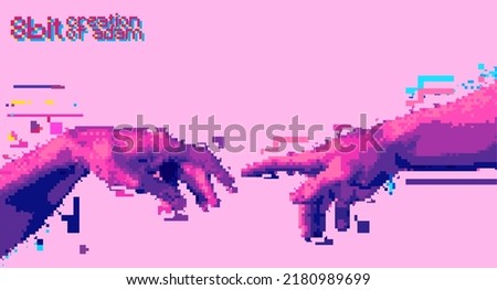 Reaching hands 8 bit color style design concept vector illustration isolated on background in vaporwave color palette.