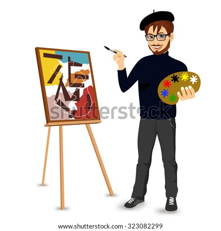 portrait of  happy male painter artist with glasses and mustache smiling and painting with colorful palette standing near easel