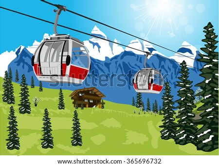 wonderful summer scenery with ski lift cable booth or car