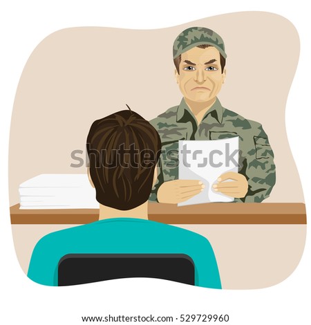 Army conscript during interview on the results of the tests, a collection point