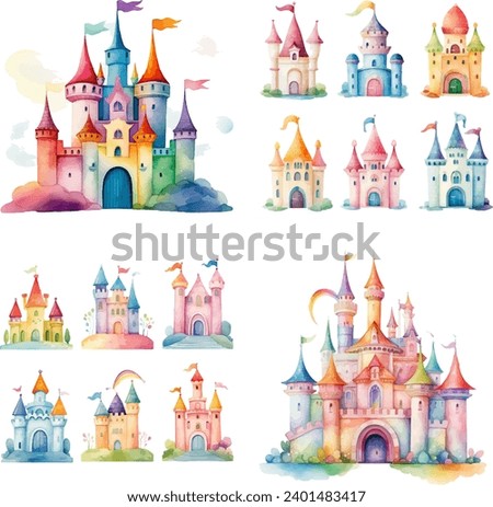 princess magic castle with floral. Floral watercolor fairytale castle. Kids illustration. watercolor castle painting illustration. Isolated on white.