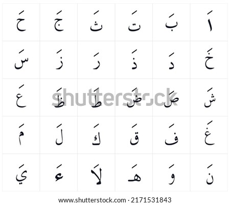 The Arabic alphabet with Vowel “Fat-hah” on white background. 