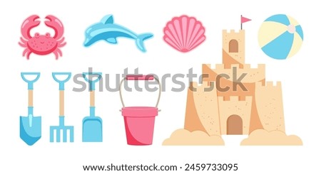 Set of children's toys for sandbox. Sand castle, bucket, shovel, molds for sand figures, beach ball.  Vector illustration