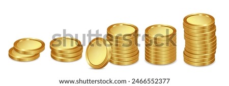 Stack of golden 3d coins. Realistic gold coin on white background. Vector 3d illustration