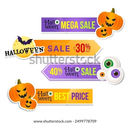 Halloween sale sticker set with holiday elements. Design template for shopping sale, advertising. Vector illustration