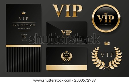 VIP invitation card, banner or flyer with golden elements on black background. Minimalistic Luxury premium design set for event invite, celebration party, formal reception.