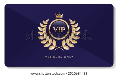 Premium VIP card in blue color with golden crown, laurel wreath and other elements. Luxury design. Vector illustration