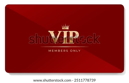 Premium VIP card in red color with golden crown and other elements. Luxury design. Vector illustration