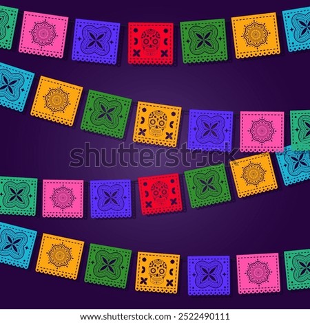 Dia de Los Muertos - Day of the Dead celebration banner, background, card with colorful mexican traditional paper cutting flags - papel picado.