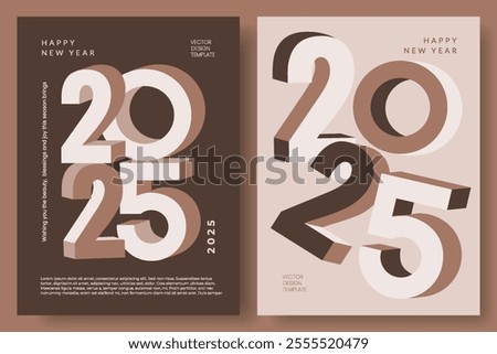 Happy New Year 2025 modern trendy poster set with numbers in color of the year Mocha Mousse. Creative concept of banner, cover. Design template with typography