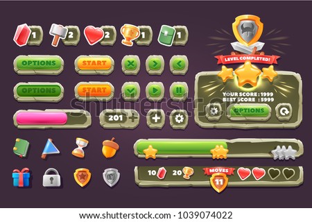 Game ui stone set. Complete menu of graphical user interface GUI to build 2D games