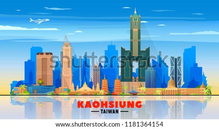 Kaohsiung Taiwan skyline with panorama in sky background. Vector Illustration. Business travel and tourism concept with modern buildings. Image for banner or web site.