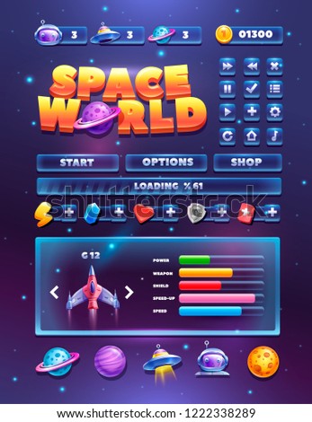 Space elements set for 2d games. Planets and spacecraft. Complete menu of graphical user interface GUI to build 2D games.