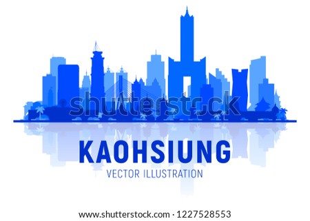 Kaohsiung Taiwan skyline silhouette with panorama in sky background. Vector Illustration. Business travel and tourism concept with modern buildings. Image for banner or web site.