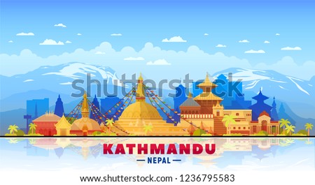 Kathmandu Nepal skyline with panorama in sky background. Vector Illustration. Business travel and tourism concept with modern buildings. Image for banner or web site.