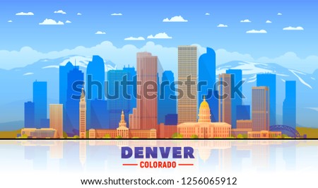 Denver ( Colorado ) skyline with panorama in sky and mountains background. Vector Illustration. Business travel and tourism concept with modern buildings.