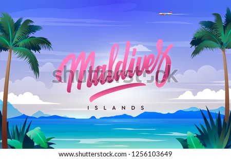 The Maldives iceland handwriting, background with small island, sandy beach, palms and the ocean. Vector illustration.