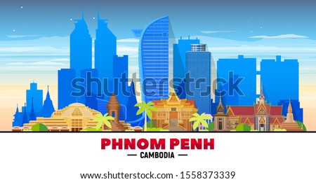 Phnom Penh (Cambodia) skyline at white background. Flat vector illustration. Business travel and tourism concept with modern buildings. Image for banner or web site.