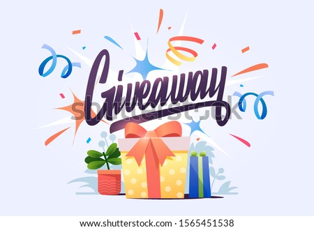 Gift box, on confetti background with hand lettering giweawey. Giveaway enter to win poster template design for social media post or website banner. Vector illustration 