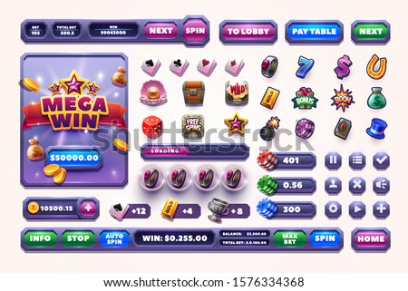 Casino design elements vector collection. Slots Gameplay icon and buttons. Mobile Game Assets on a white background.