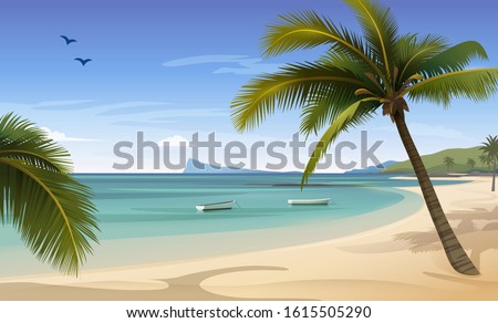 Beautiful tropical beach landscape. Silhouette mountains horizontal banner flat vector illustration.perfect for web design, banner, mobile app, landing page, vector flat design.